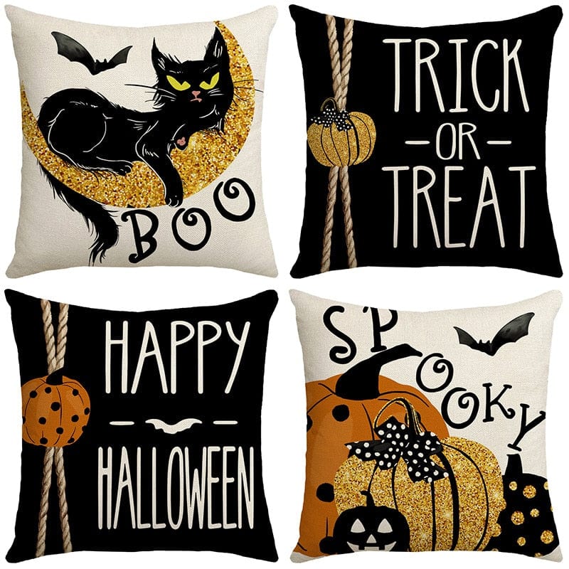 GeckoCustom 2023 Halloween Decoration Cushion Cover 18x18 Inches Linen Pillow Cover Cat Pumpkin Candy Print Pillowcases Couch Cushion Case