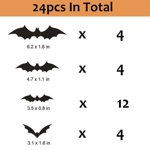 GeckoCustom 24/48pcs Halloween Decoration 3D Black PVC Bat Halloween Party DIY Decor Bar Room Halloween Party Scary Decos Props Wall Sticker 24pcs