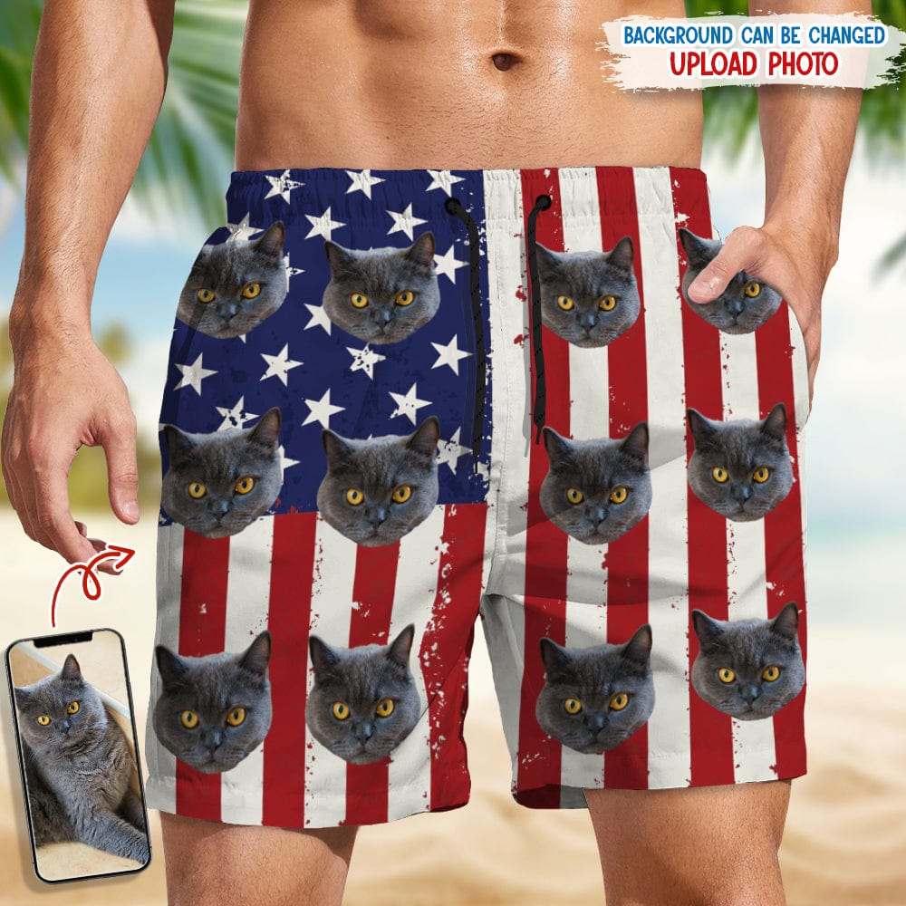 GeckoCustom Custom Cat Photo With US Flag Beach Short N304 889226