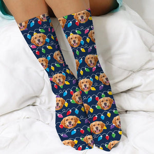 GeckoCustom Custom Dog, Cat Photo With Colorful Christmas Lights Socks HA75 891404