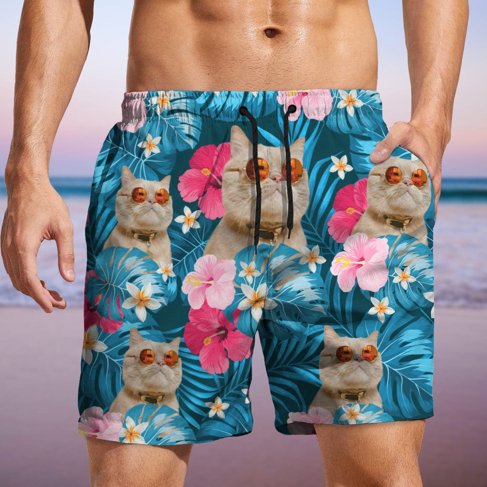 GeckoCustom Custom Funny Cat Photo With Tropical Style Beach Short For Men TA29 890400