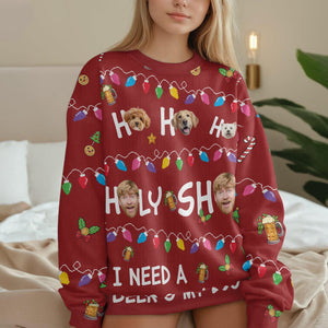 GeckoCustom Custom Photo Ho Ho Holy I Need A Beer And My Dog Ugly Sweater N304 HA75 891554