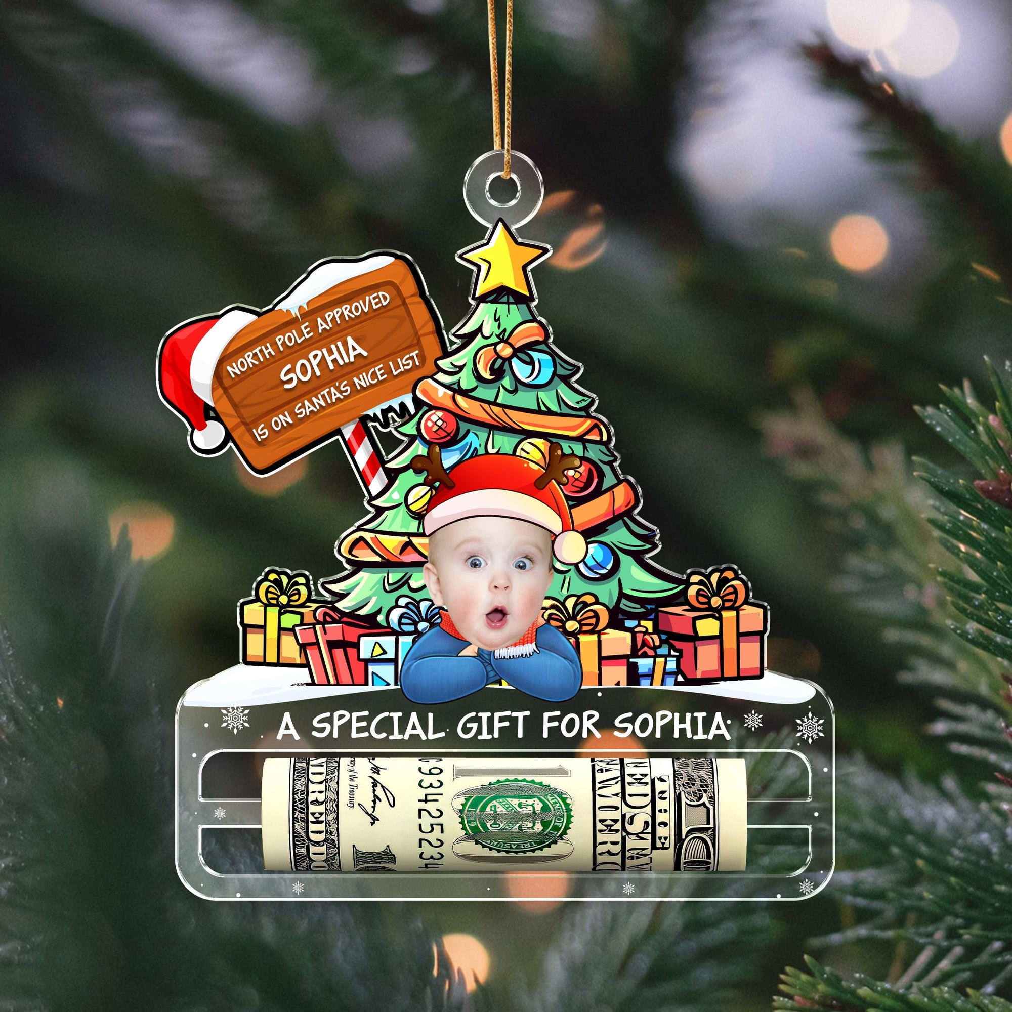 GeckoCustom Custom Photo Nice List Santa Christmas Acrylic Money Holder Ornament HA75 891536