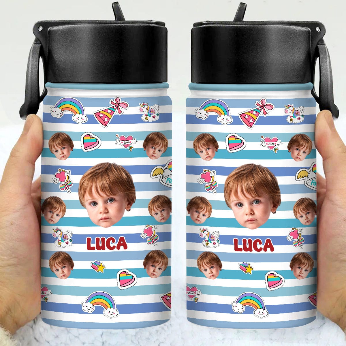 GeckoCustom Custom Photo Stripes And Adorable Pattern Kid Water Bottle With Straw HA75 891270 12 oz