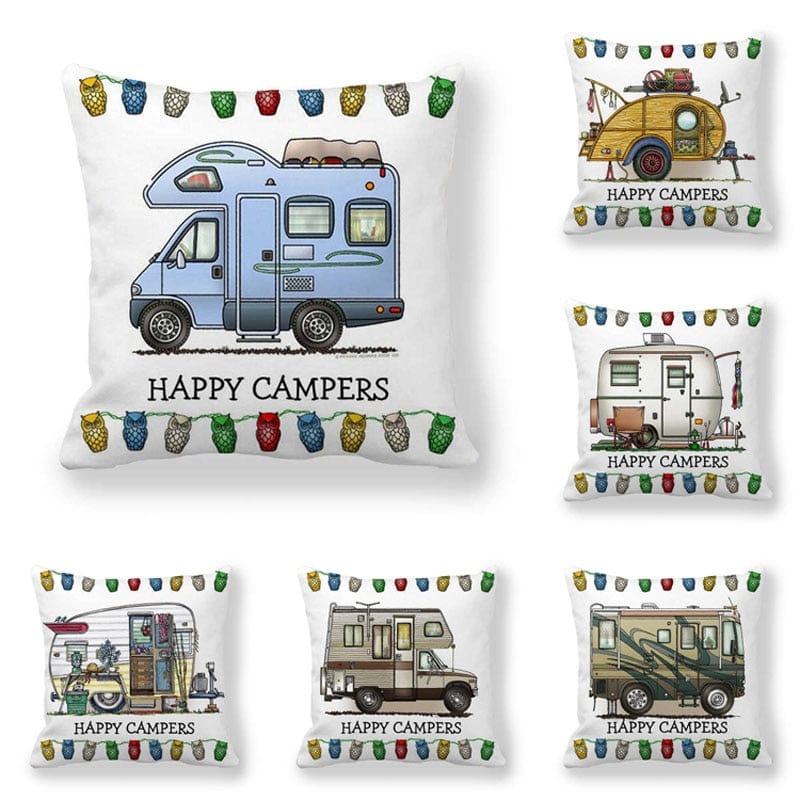 GeckoCustom Happy Camper Pillow Case Owl Camper Throw Pillow Case Cover Decorative Pillowcases 45*45CM Car Pillowcase hoofdkussen almohada