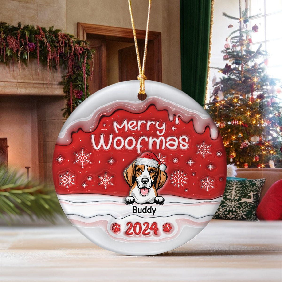 GeckoCustom Merry Woofmas Dog Personalized 3D Inflated Effect Printed Ornament N304 HA75 891474