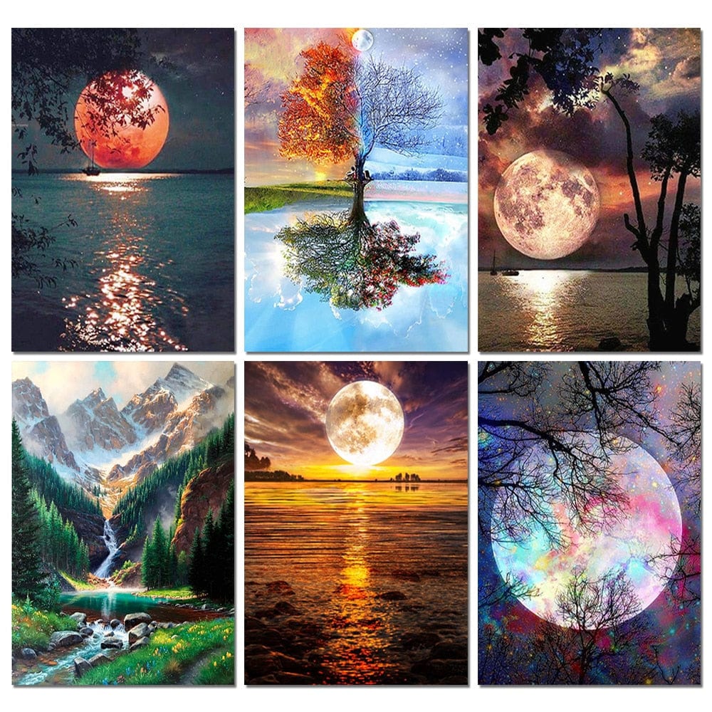 GeckoCustom New DIY 5D Diamond Painting Moon Tree Full Round Mosaic Landscape Flower Diamond Embroidery Art Rhinestone for Home Decor