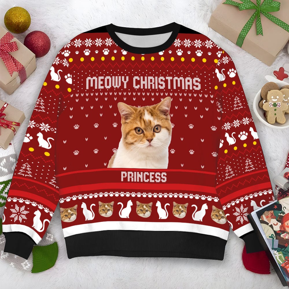 GeckoCustom Personalized Photo Meowy Christmas Cat Sweater DA199 889873