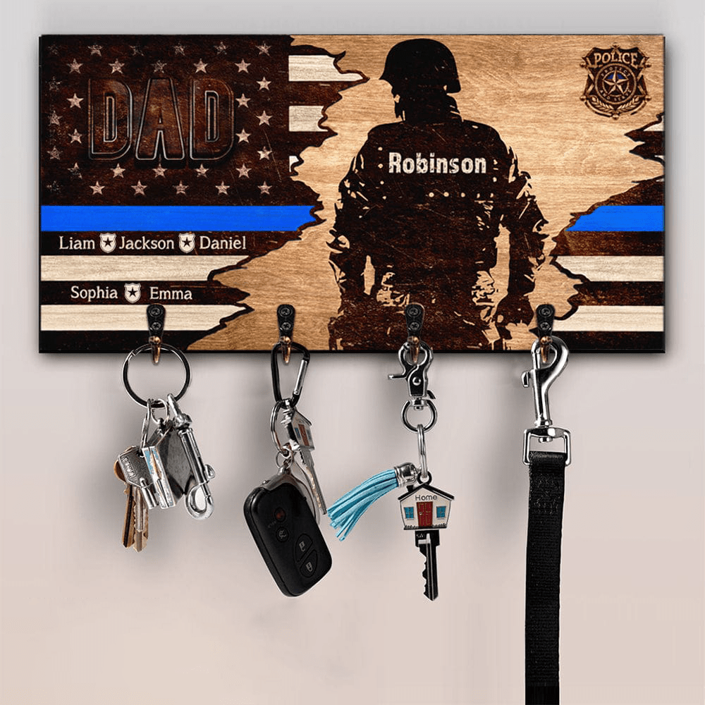 GeckoCustom Police Thin Blue Line Wood Key Holder, HN590