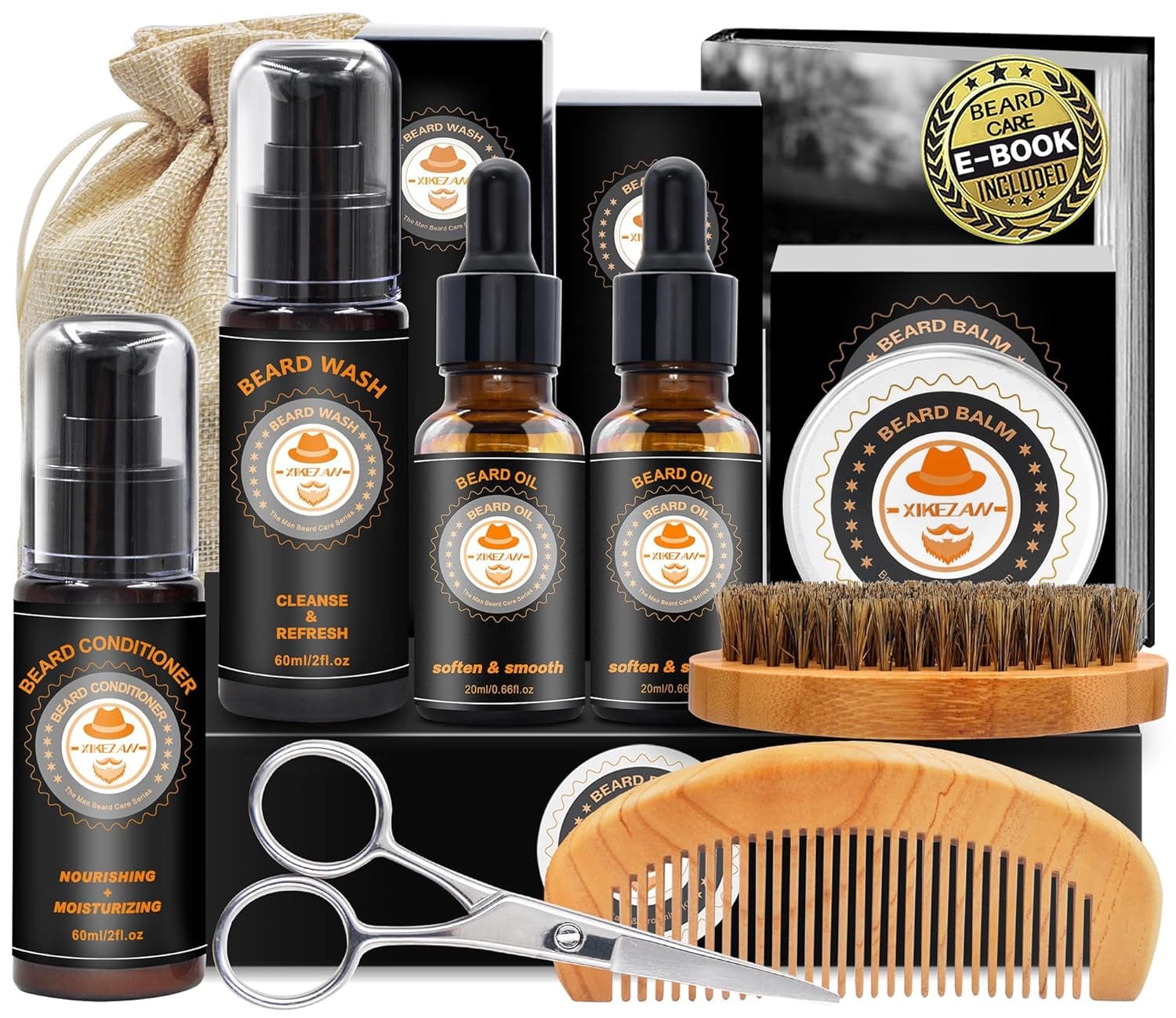 GeckoCustom Upgraded Beard Grooming Kit W/Beard Conditioner,Beard Oil,Beard Balm,Beard Brush,Beard Wash,Beard Comb,Beard Scissor,Bag,E-Book,Beard Care Daddy Gifts for Men Him Dad Husband Boyfriend