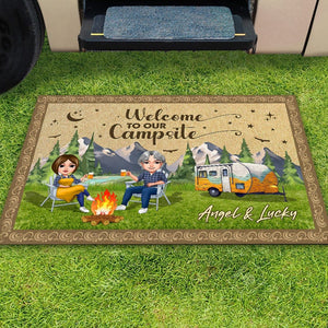 GeckoCustom Welcome To Our Campsite Chibi Couple Camping Doormat  K228 888235 15x24in-40x60cm