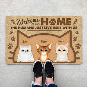 GeckoCustom Welcome To Our Home The Human Just Live Here With Us Cat Doormat Personalized Gift N304 889679