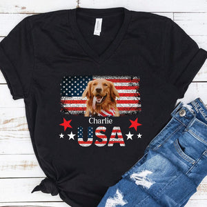 GeckoCustom 4th Of July American Dog Patriotic United States Personalized Custom Photo Dog 4Th Of July Shirt H393