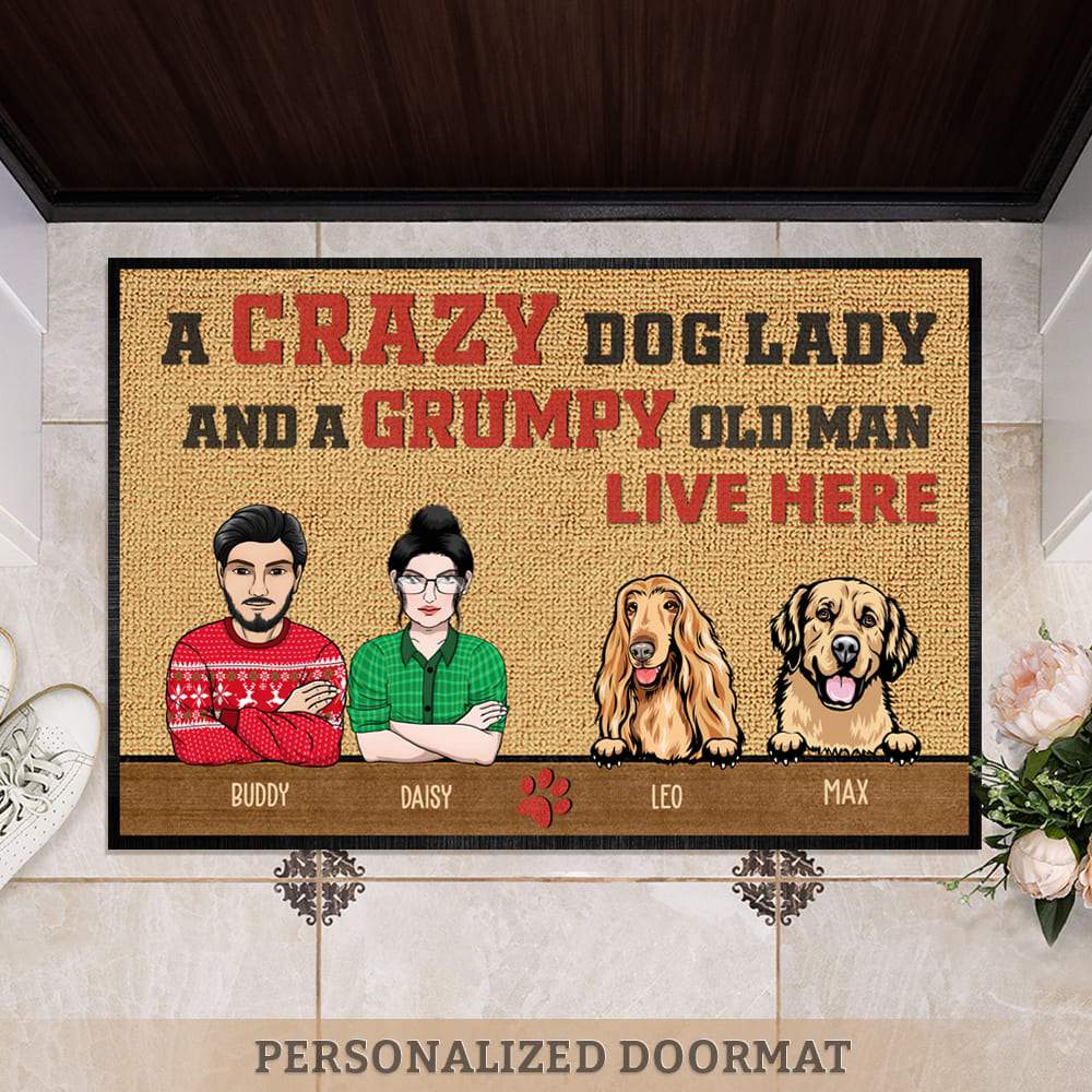 GeckoCustom A Crazy Dog Lady And A Grumpy Old Man Live Here Doormat For Dog Lovers HN590