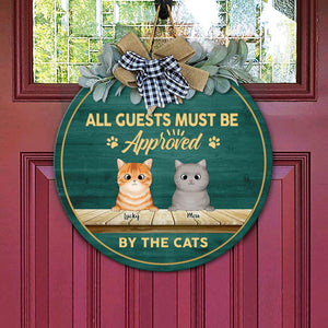 GeckoCustom All Guest Must Be Approved By The Cat Wooden Door Sign With Wreath, Cat Door Hanger HN590