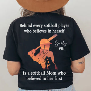 GeckoCustom Behind Every Softball Player Is A Mom/Dad That Believes Personalized Custom Softball Shirts Backside C500 Basic Tee / Black / S