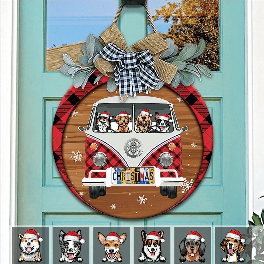 GeckoCustom Christmas License Plate Dog Wooden Door Sign With Wreath, Dog Door Hanger HN590 12 inch