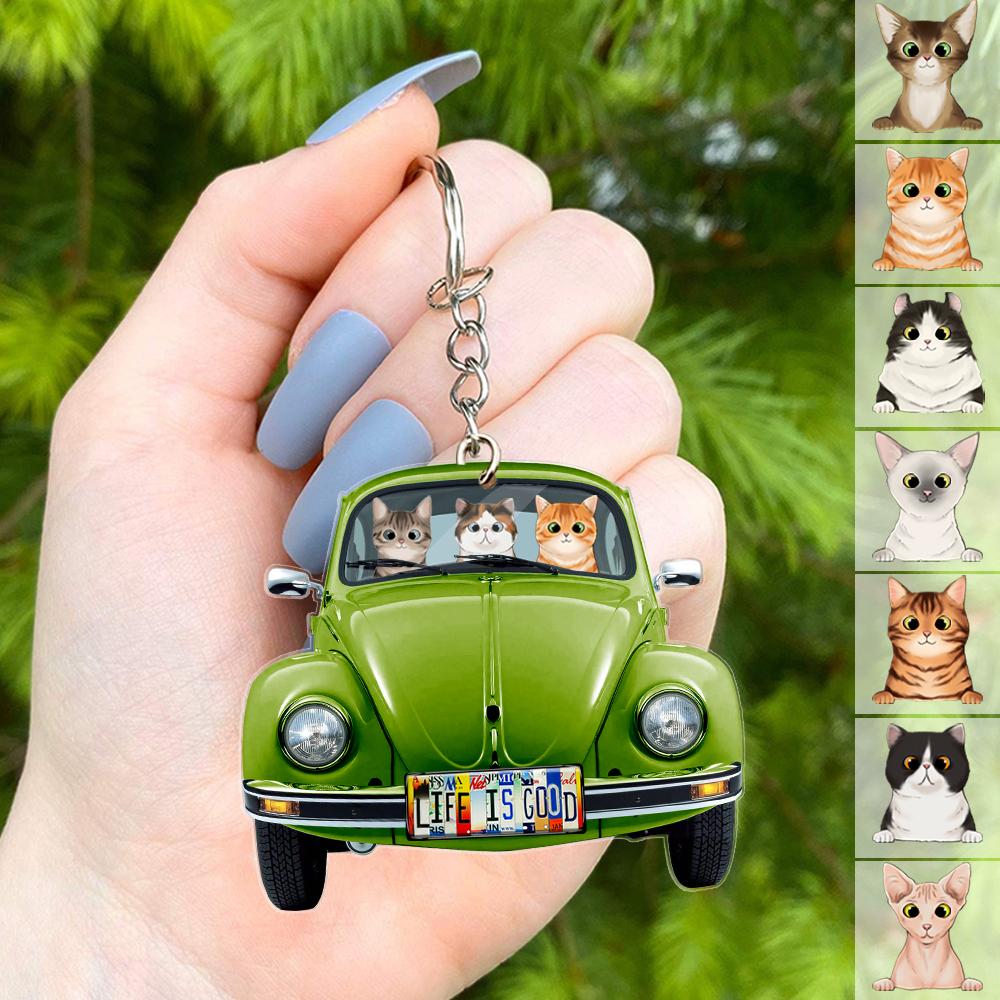 GeckoCustom Classic Car Cat Keychain, Cat Lover Gift, Keychain For Campers HN590 50mm x 50mm / 1 Piece