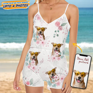 GeckoCustom Custom Dog Photo With Flower Pattern Sleeveless Romper K228 889072