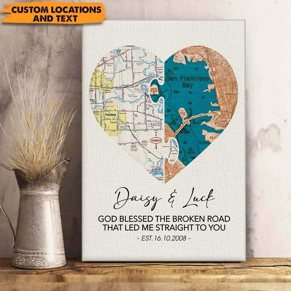 GeckoCustom Custom Locations Heart Map For Couple Valentine Canvas HN590 8 x 12 Inch / Satin Finish: Cotton & Polyester