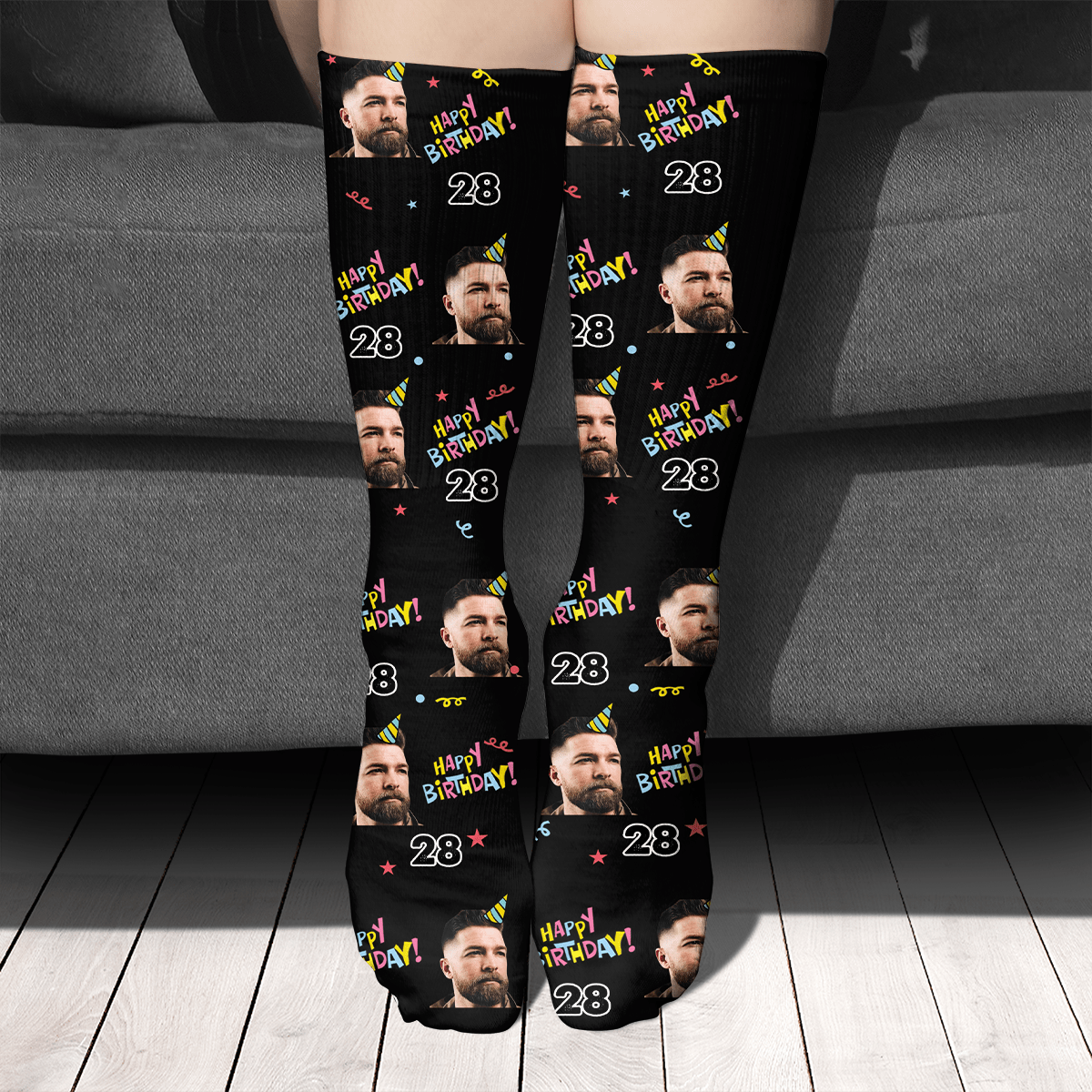 GeckoCustom Gift For Birthday, Birthday Text Muti-Colour, Custom Photo And Age Socks, Personalized Gift For Family SG02 Pack1