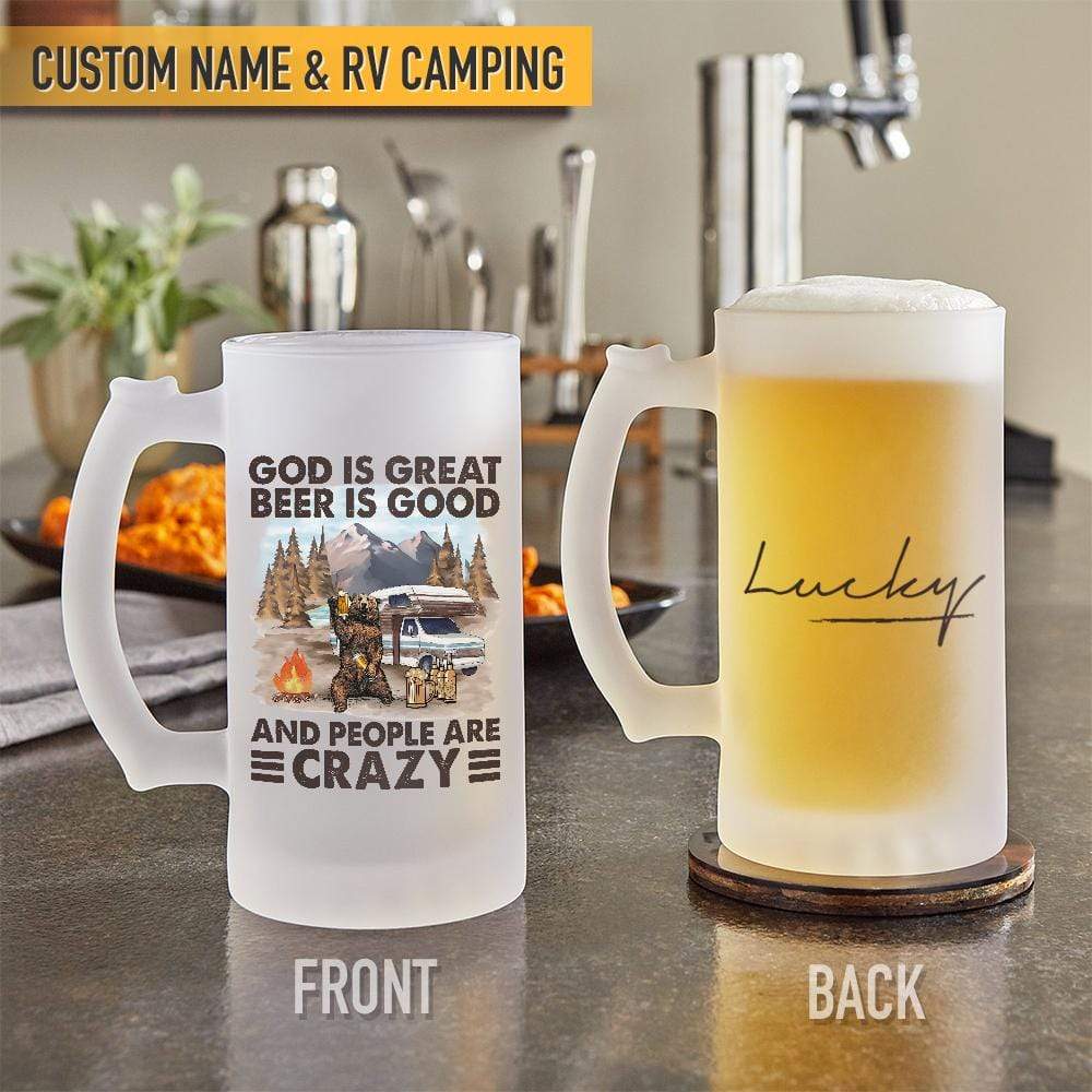 GeckoCustom God Is Great Beer Is Good and People Are Crazy Camping Frosted Glass Beer Mug HN590