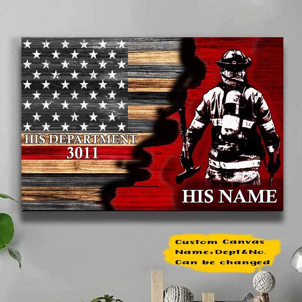 GeckoCustom Half Thin Red Line Bunker Gear With Unit Number & Name, Personalized Firefighter Canvas Print, SG02