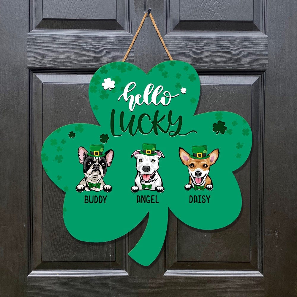 GeckoCustom Hello Lucky Wood Door Sign With Dog HN590