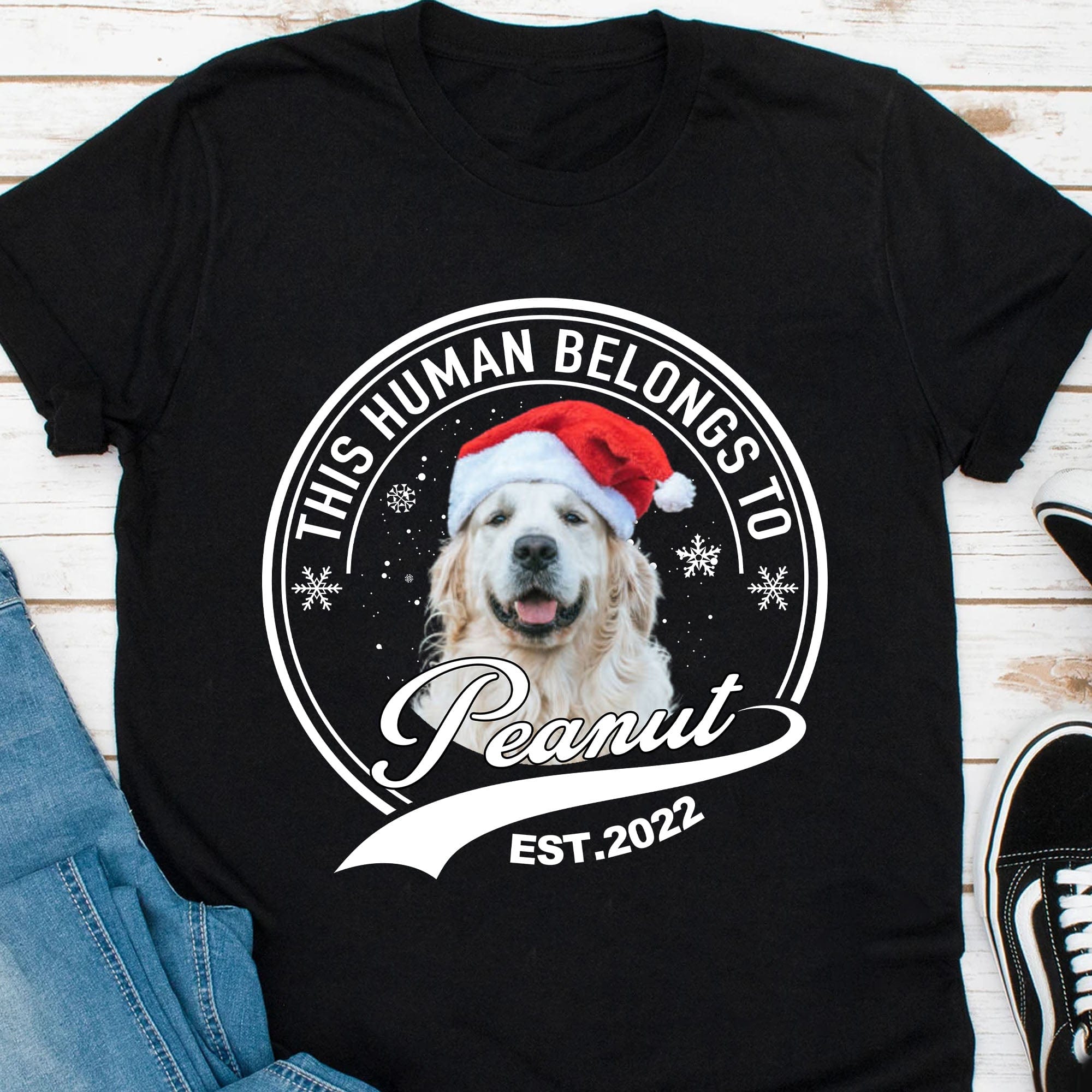 GeckoCustom Human Belongs Christmas Personalized Custom Photo Dog Shirt Dark C471 Basic Tee / Black / S