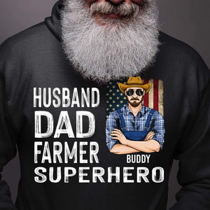 GeckoCustom Husband Dad Farmer Superhero Farmer T-shirt, Farmer Gift HN590 Pullover Hoodie / Black Colour / S