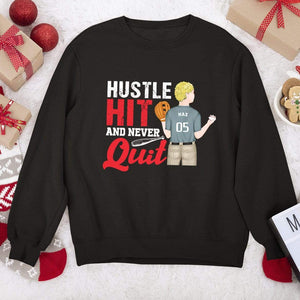 GeckoCustom Hustle Hit And Never Quit, Gift For Baseball Player, Baseball Shirt