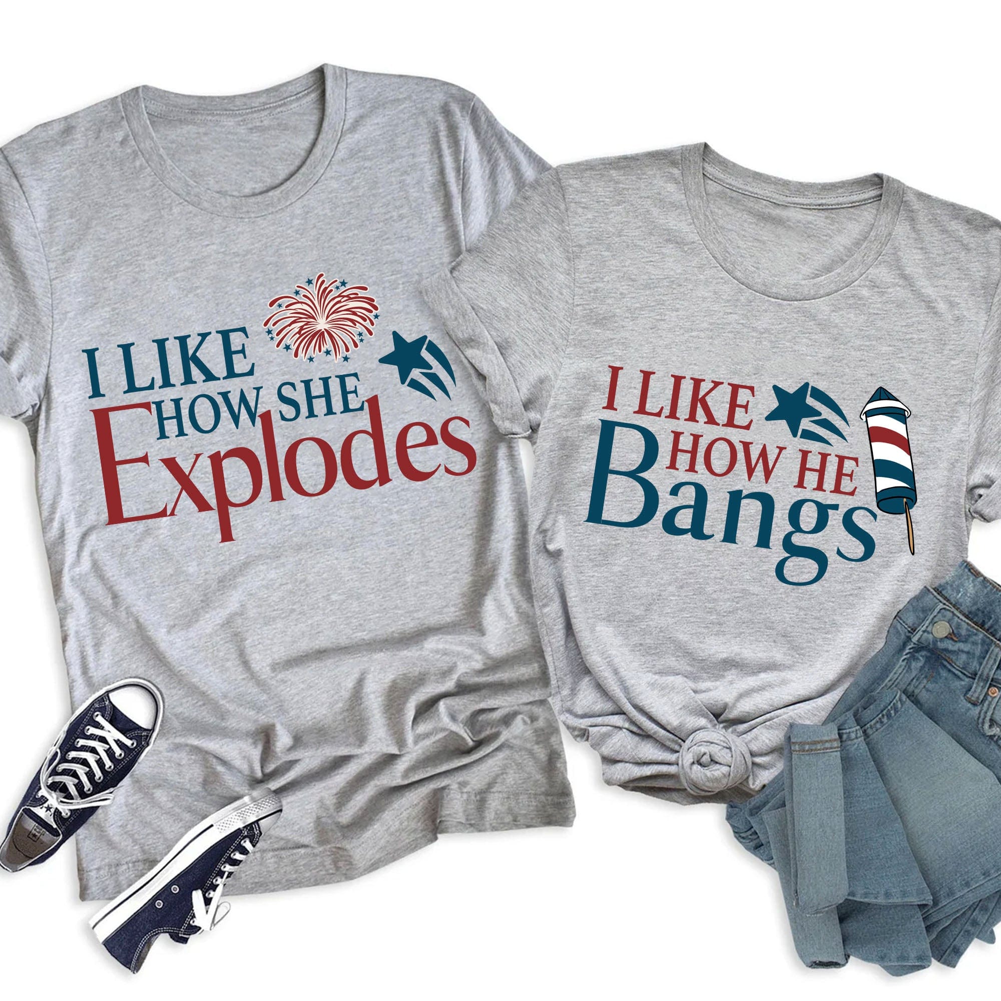 GeckoCustom I Like How She Explodes, I Like How He Bangs, 4th Of July Shirt, American Flag Shirt, Fourth Of July Shirts, Matching 4th Of July Couple, Personalized Custom 4th Of July Shirt C401 Basic Tee / White / S