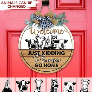 GeckoCustom Just Kidding Please go Home Farmer Flower Door Hanger, Wooden Door Sign With Wreath HN590 18 inch