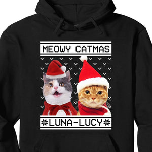 GeckoCustom Merry Catmas Personalized Custom Photo Cat Sweatshirt, Cat Lover Sweater Christmas C476 Pullover Hoodie / Black Colour / S