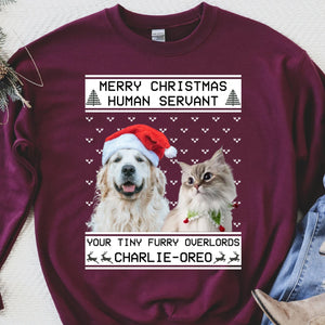 GeckoCustom Merry Christmas Human Servant Personalized Custom Photo Cat Sweatshirt, Cat Lover Sweater Christmas C477