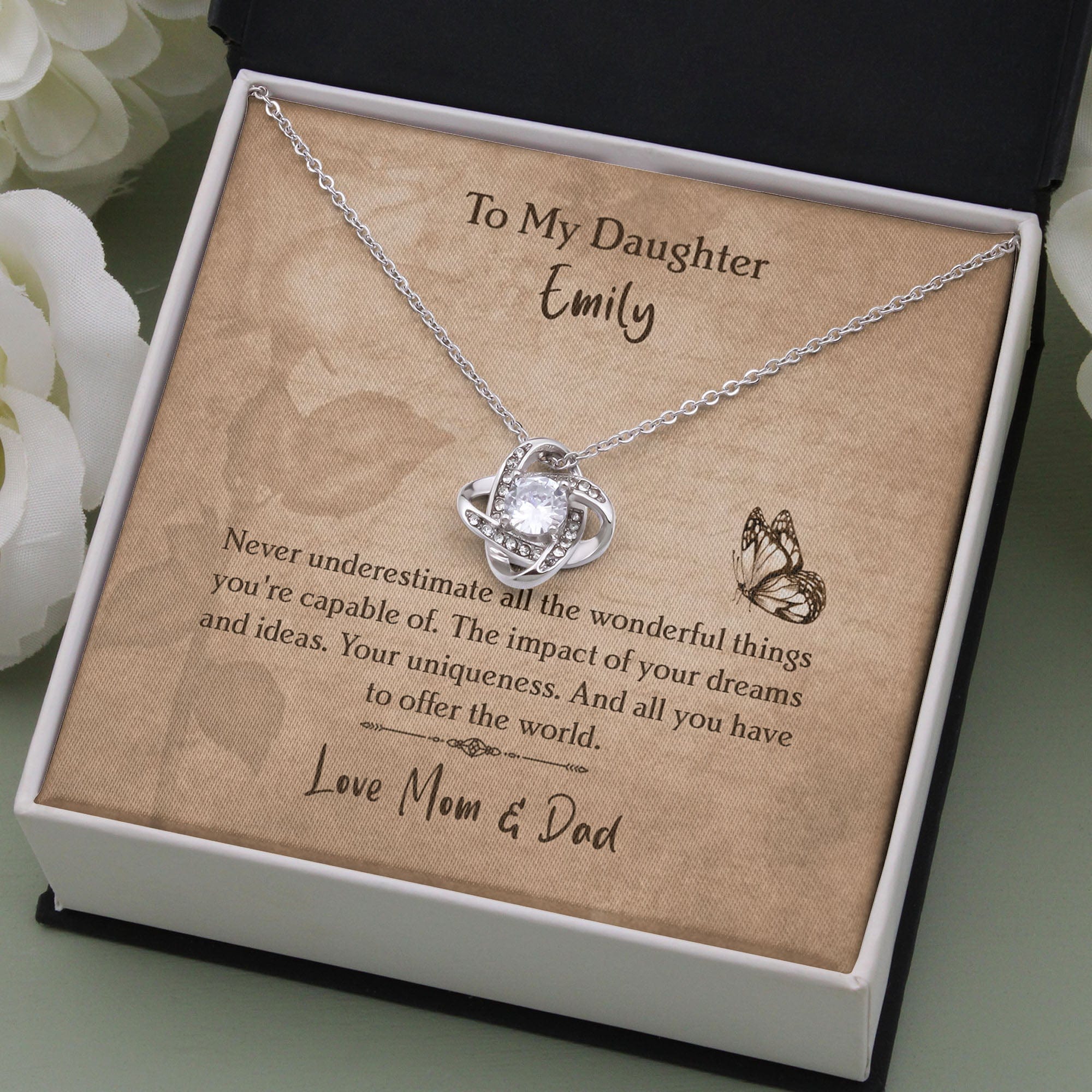 GeckoCustom Never Underestimate Personalized Graduation Message Card Necklace C260 Love Knot