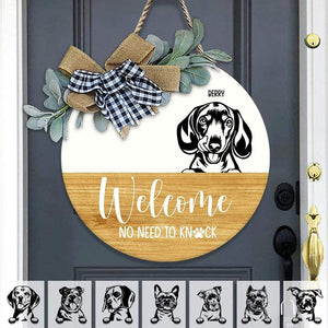 GeckoCustom No Need To Knock Dog Wooden Door Sign With Wreath, Dog Lover Gift, Door Hanger HN590