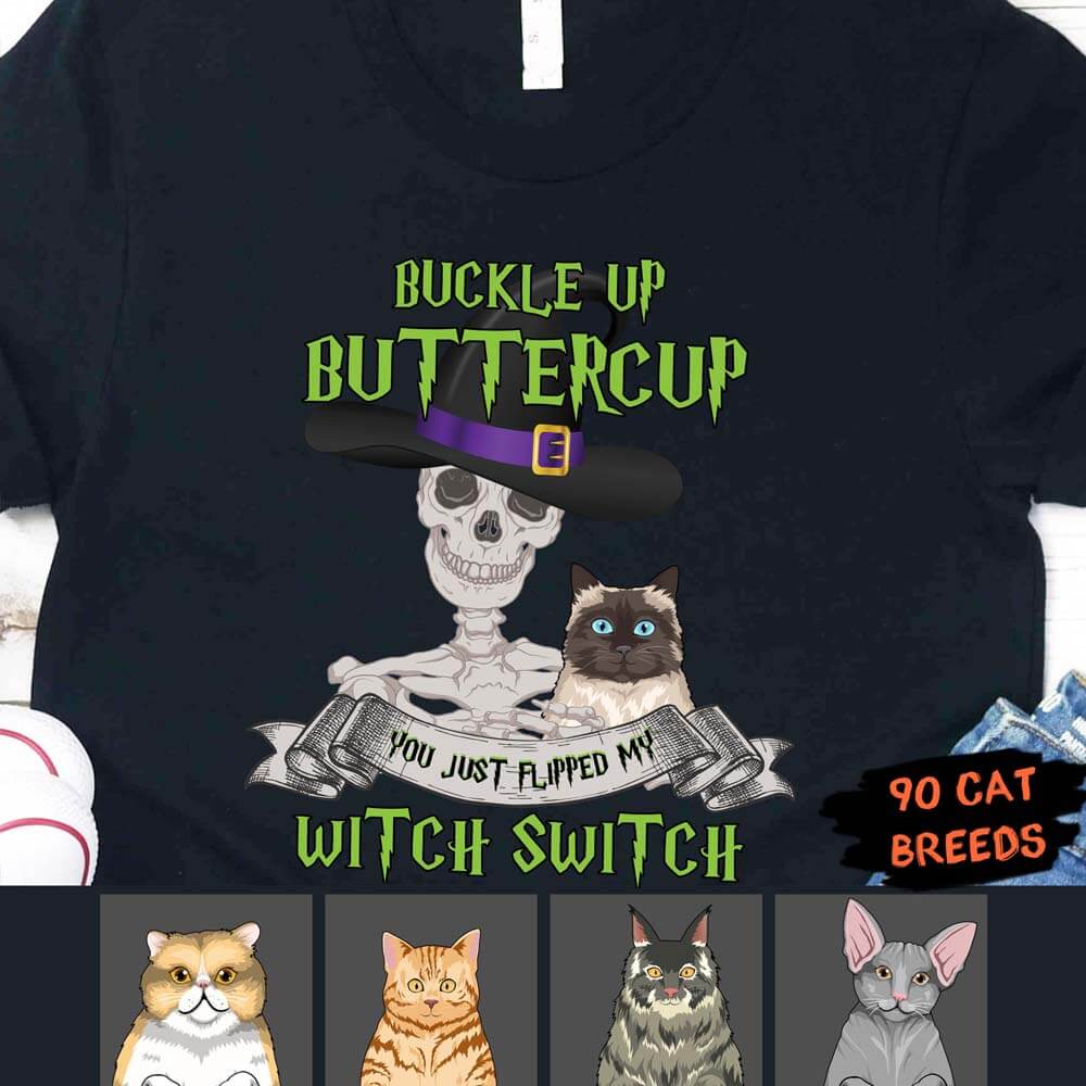 GeckoCustom Personalized Cat Halloween Shirt, Buckle up Buttercup Witch Switch Shirt Unisex T Shirt / Orange / S