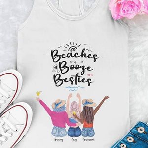 GeckoCustom Personalized Custom T Shirt, Best Friend Gift, Beaches Booze Besties Ladies Tank Top / White Color / X-Small