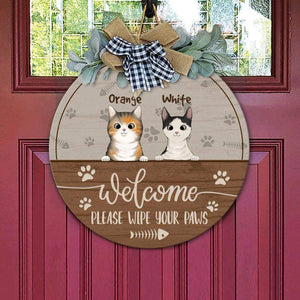 GeckoCustom Welcome Please Wipe Your Paws Cat Wooden Door Sign With Wreath, Cat Lover Gift, Cat Door Hanger HN590 12 Inch