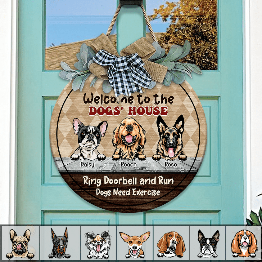 GeckoCustom Welcome Ring Doorbell & Run Dog Wooden Door Sign With Wreath, Dog Lover Gift, Dog Door Hanger HN590 12 Inch