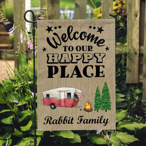 GeckoCustom Welcome To Our Happy Place Camping Flag With Motorhome & Name, Camping Gift HN590